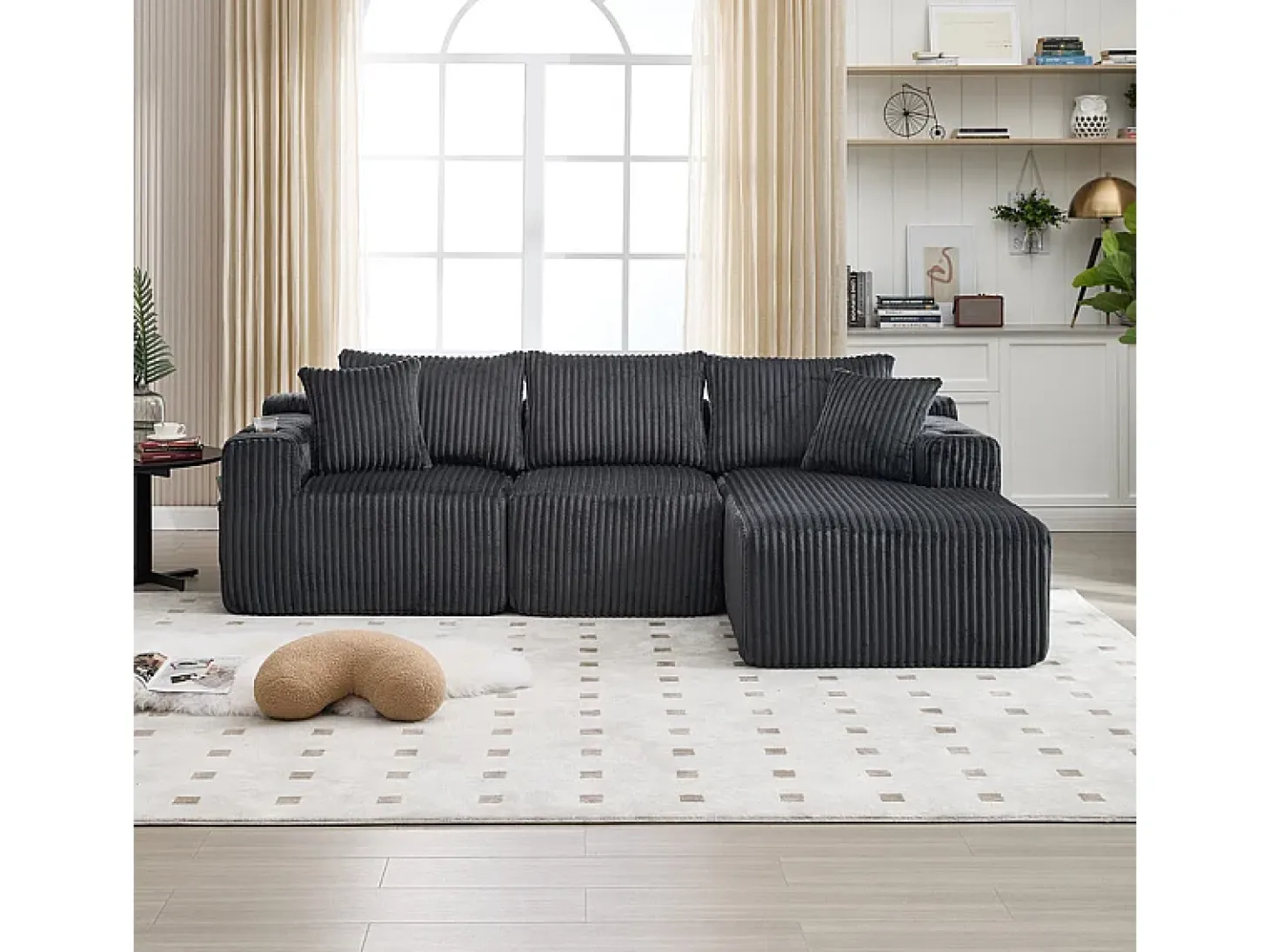 Sofá de Canto Modular 3 Lugares, de Veludo Cotelê, com Porta-copos, Almofadas e Bolsos Laterais, Chaise Longue 118cm, Cinza