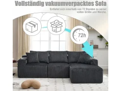 Sofá de Canto Modular 3 Lugares, de Veludo Cotelê, com Porta-copos, Almofadas e Bolsos Laterais, Chaise Longue 118cm, Cinza