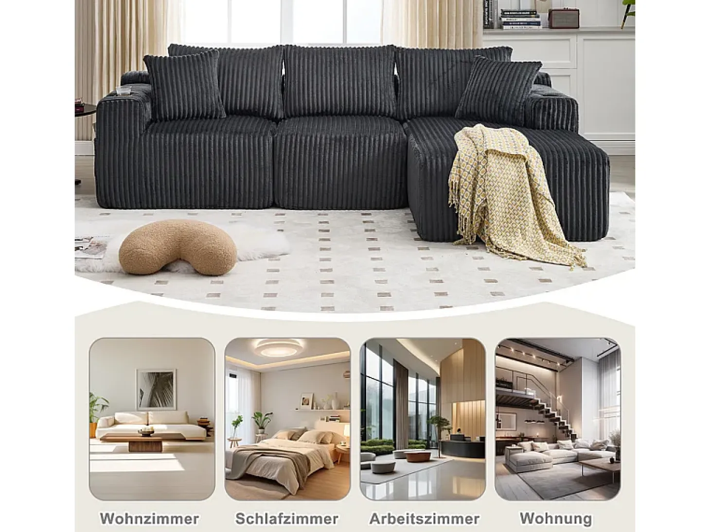 Sofá de Canto Modular 3 Lugares, de Veludo Cotelê, com Porta-copos, Almofadas e Bolsos Laterais, Chaise Longue 118cm, Cinza
