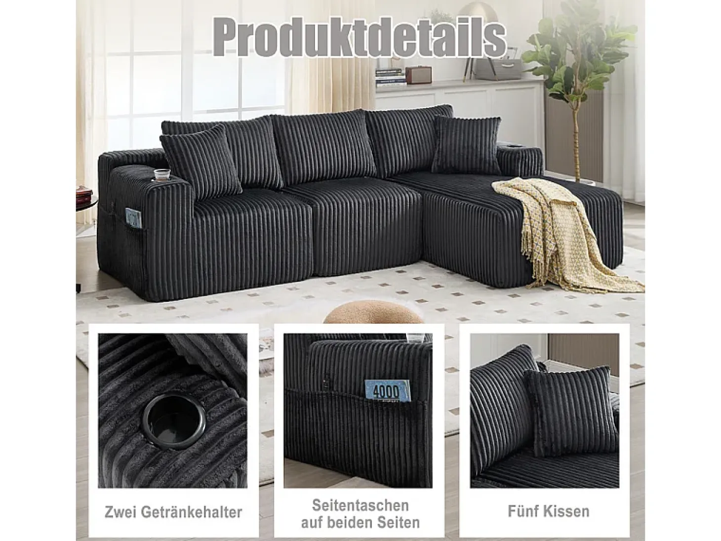 Sofá de Canto Modular 3 Lugares, de Veludo Cotelê, com Porta-copos, Almofadas e Bolsos Laterais, Chaise Longue 118cm, Cinza