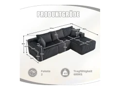 Sofá de Canto Modular 3 Lugares, de Veludo Cotelê, com Porta-copos, Almofadas e Bolsos Laterais, Chaise Longue 118cm, Cinza