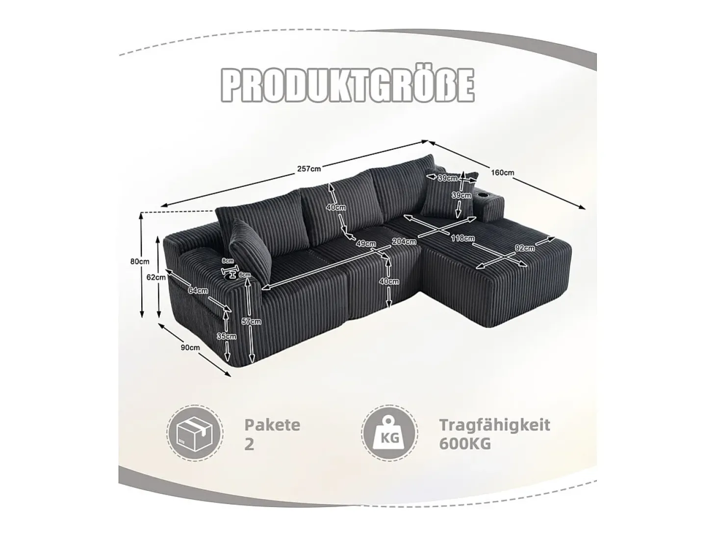 Sofá de Canto Modular 3 Lugares, de Veludo Cotelê, com Porta-copos, Almofadas e Bolsos Laterais, Chaise Longue 118cm, Cinza