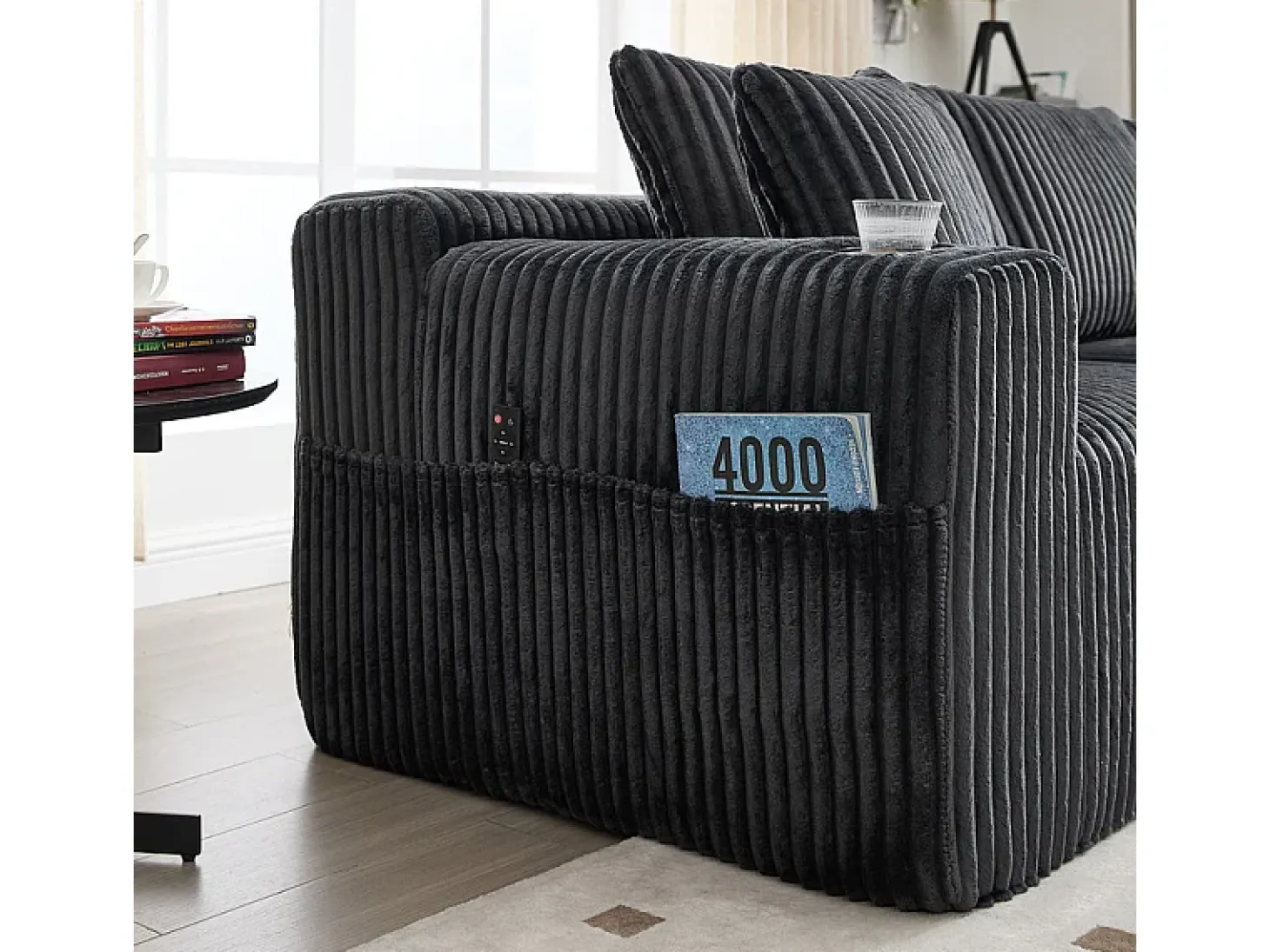 Sofá de Canto Modular 3 Lugares, de Veludo Cotelê, com Porta-copos, Almofadas e Bolsos Laterais, Chaise Longue 118cm, Cinza