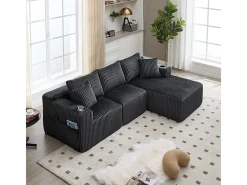 Sofá de Canto Modular 3 Lugares, de Veludo Cotelê, com Porta-copos, Almofadas e Bolsos Laterais, Chaise Longue 118cm, Cinza