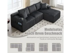 Sofá de Canto Modular 3 Lugares, de Veludo Cotelê, com Porta-copos, Almofadas e Bolsos Laterais, Chaise Longue 118cm, Cinza