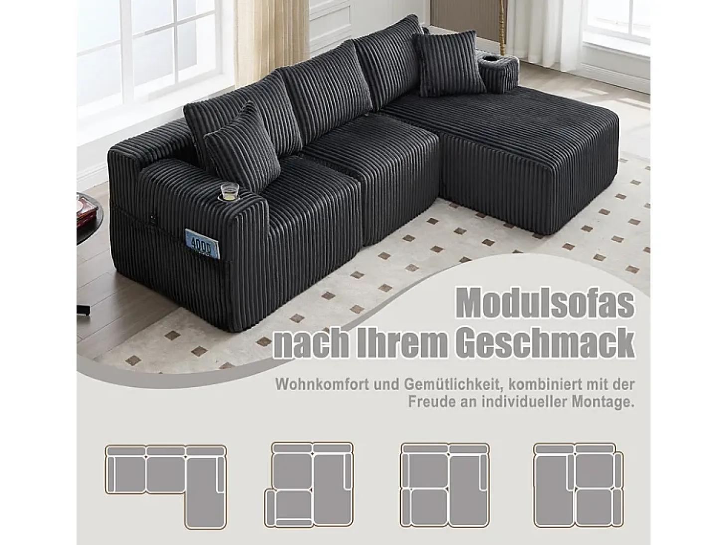 Sofá de Canto Modular 3 Lugares, de Veludo Cotelê, com Porta-copos, Almofadas e Bolsos Laterais, Chaise Longue 118cm, Cinza