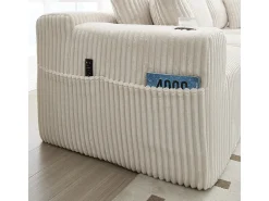 Sofá de Canto Modular 3 Lugares, de Veludo Cotelê, com Porta-copos, Almofadas e Bolsos Laterais, Chaise Longue 118cm, Bege