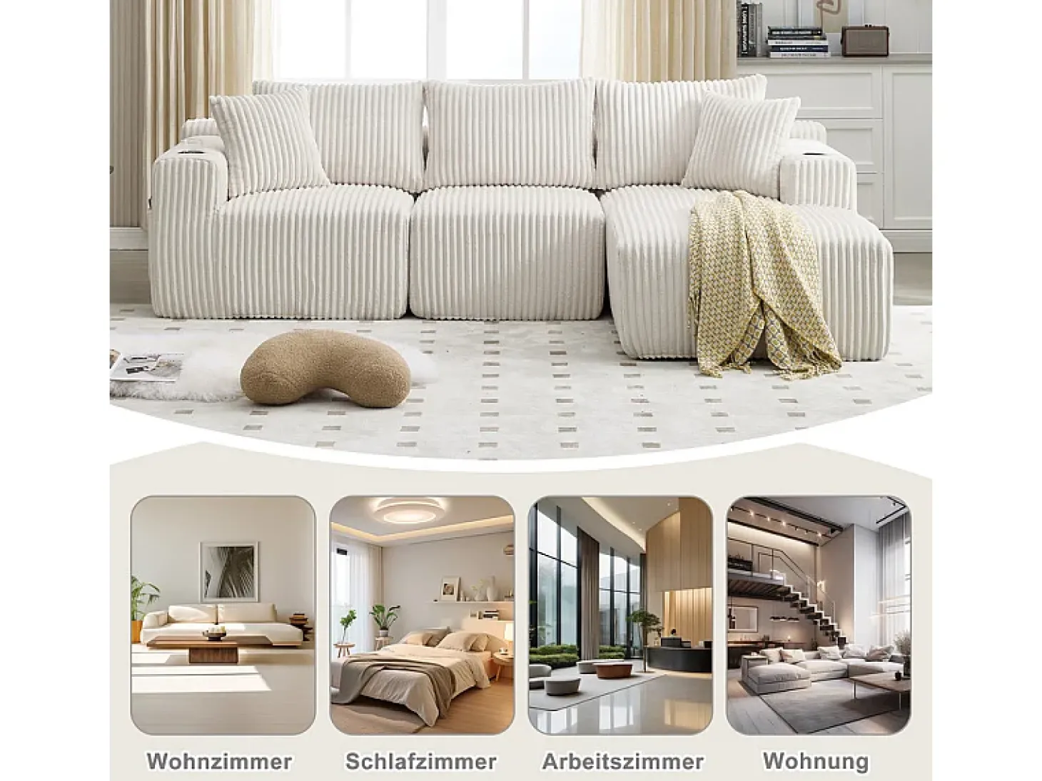 Sofá de Canto Modular 3 Lugares, de Veludo Cotelê, com Porta-copos, Almofadas e Bolsos Laterais, Chaise Longue 118cm, Bege