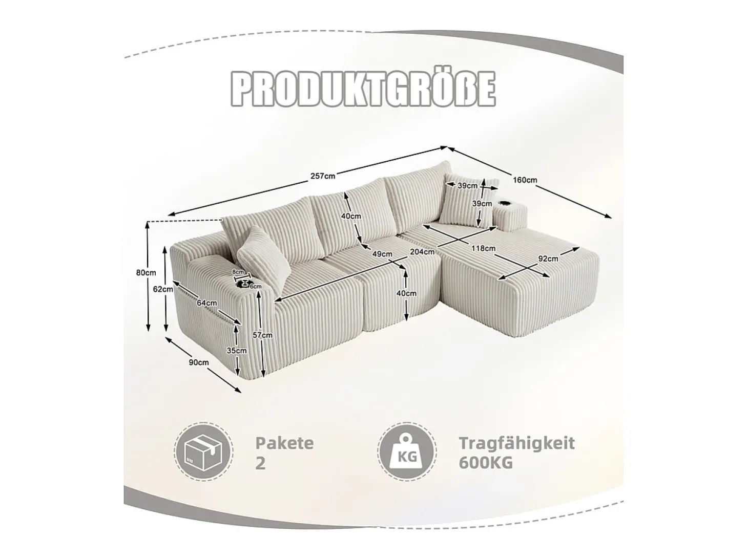 Sofá de Canto Modular 3 Lugares, de Veludo Cotelê, com Porta-copos, Almofadas e Bolsos Laterais, Chaise Longue 118cm, Bege