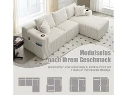 Sofá de Canto Modular 3 Lugares, de Veludo Cotelê, com Porta-copos, Almofadas e Bolsos Laterais, Chaise Longue 118cm, Bege