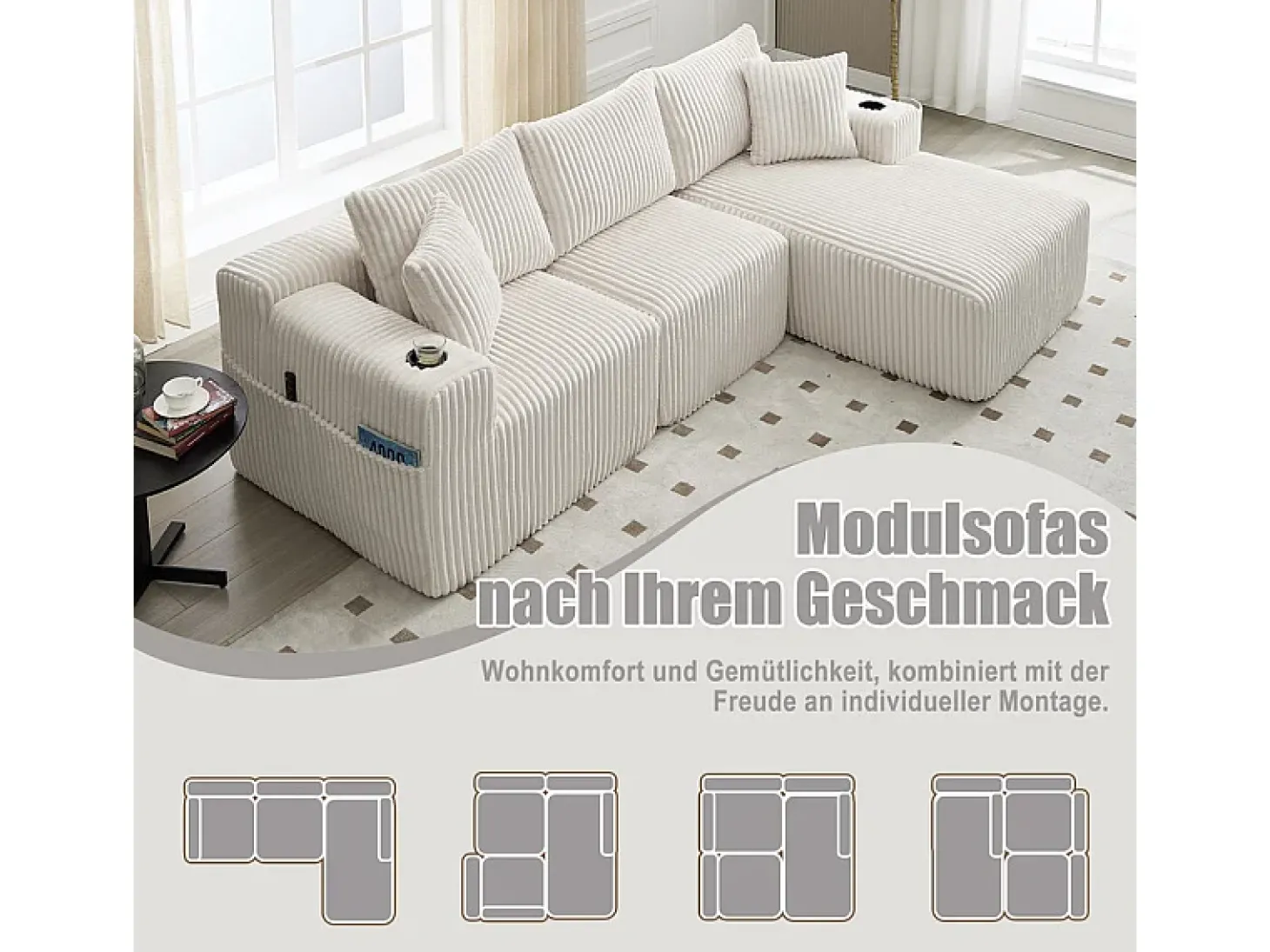 Sofá de Canto Modular 3 Lugares, de Veludo Cotelê, com Porta-copos, Almofadas e Bolsos Laterais, Chaise Longue 118cm, Bege