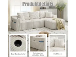 Sofá de Canto Modular 3 Lugares, de Veludo Cotelê, com Porta-copos, Almofadas e Bolsos Laterais, Chaise Longue 118cm, Bege