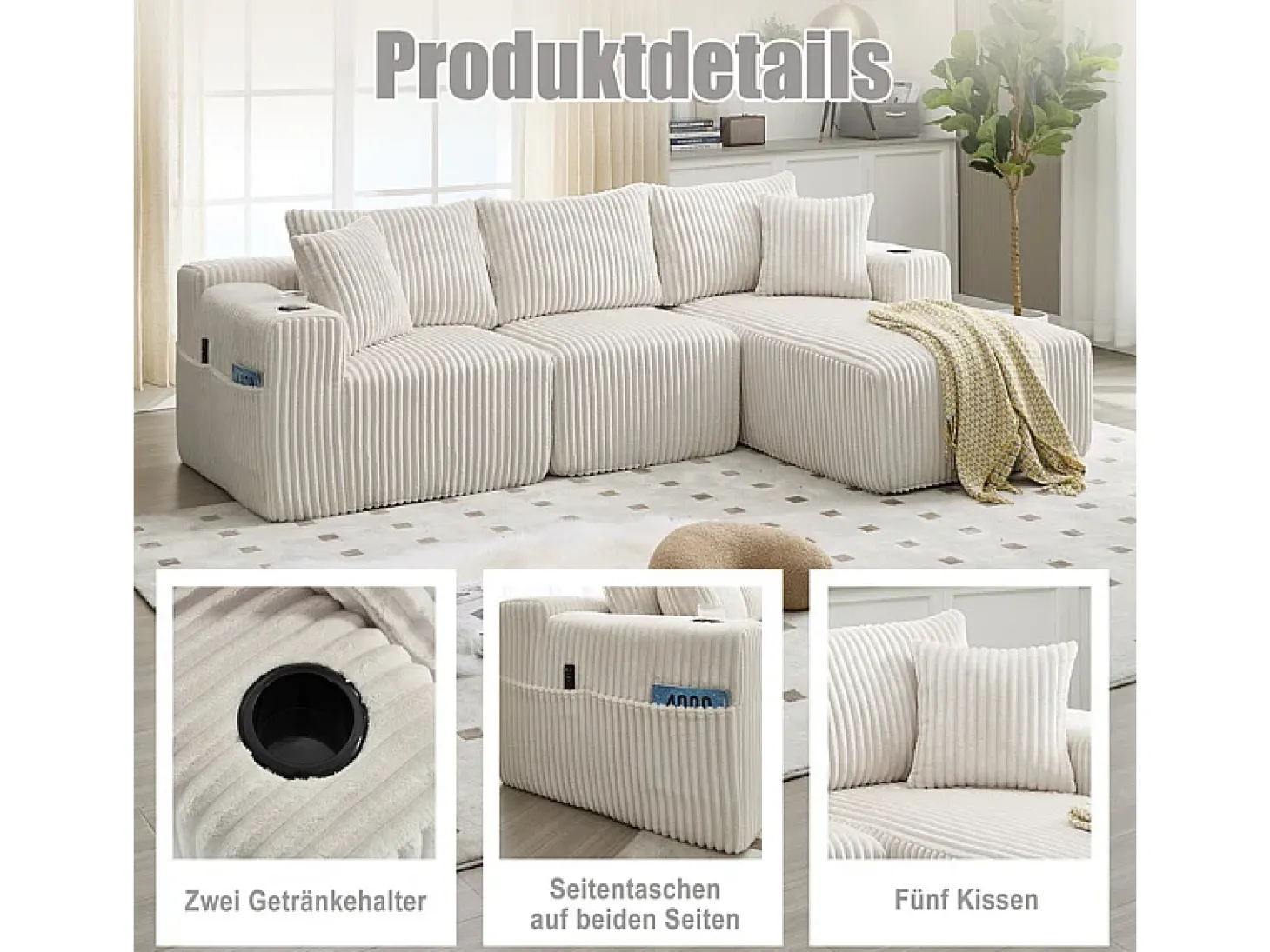 Sofá de Canto Modular 3 Lugares, de Veludo Cotelê, com Porta-copos, Almofadas e Bolsos Laterais, Chaise Longue 118cm, Bege