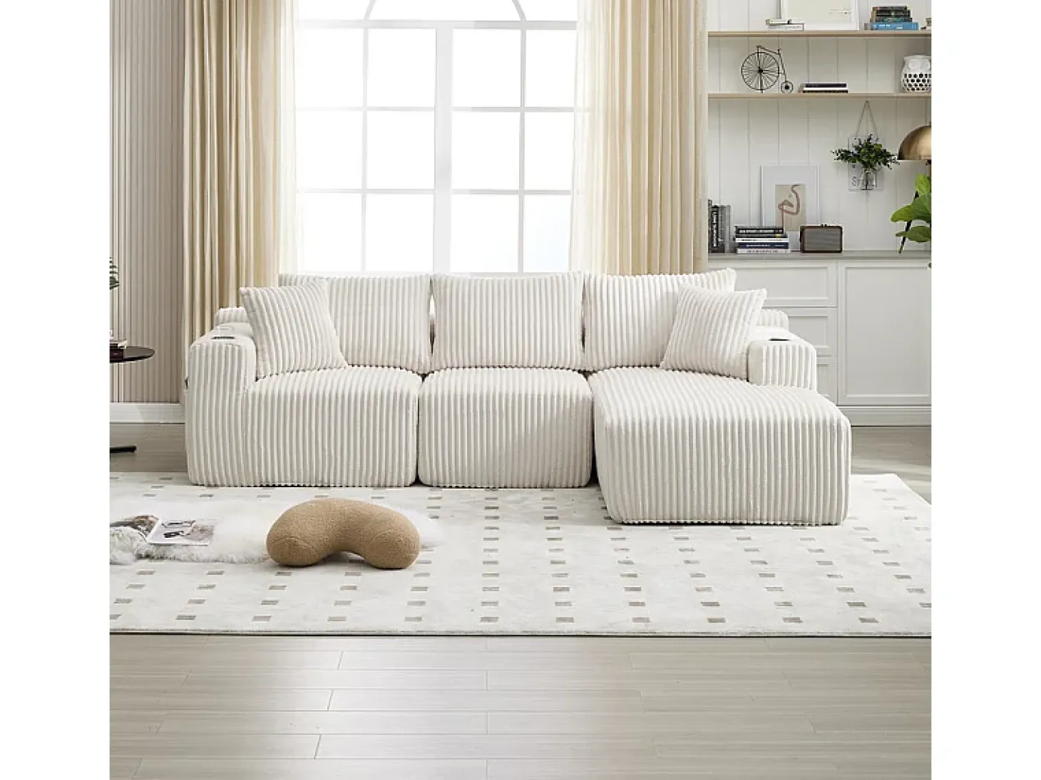 Sofá de Canto Modular 3 Lugares, de Veludo Cotelê, com Porta-copos, Almofadas e Bolsos Laterais, Chaise Longue 118cm, Bege