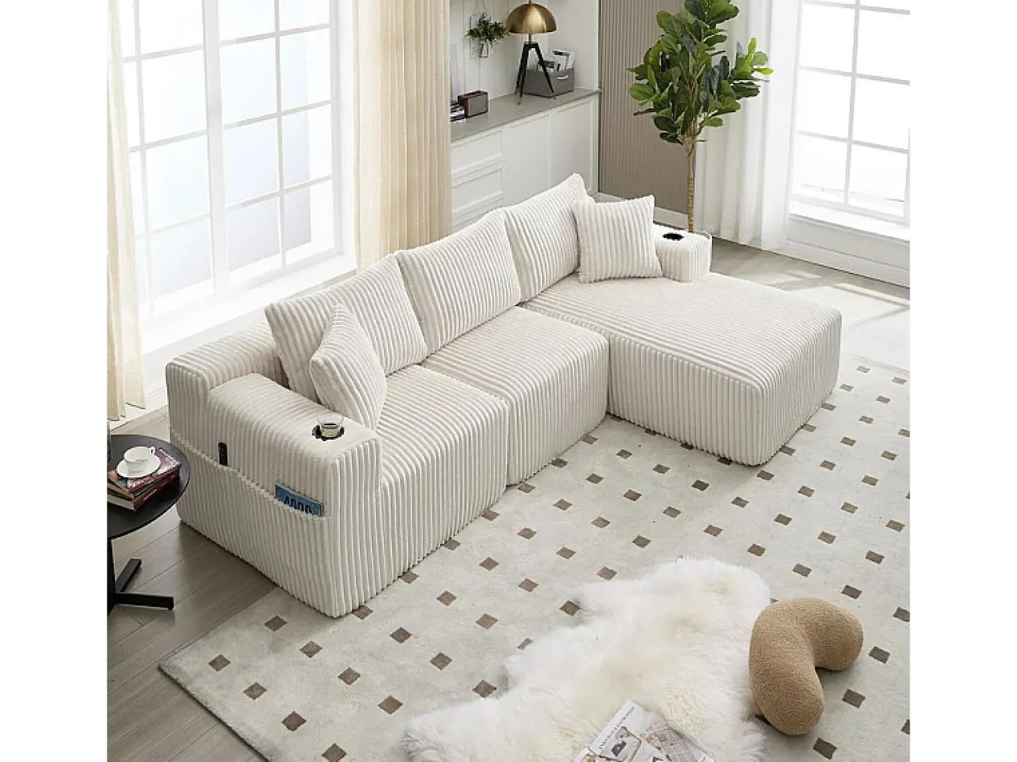 Sofá de Canto Modular 3 Lugares, de Veludo Cotelê, com Porta-copos, Almofadas e Bolsos Laterais, Chaise Longue 118cm, Bege