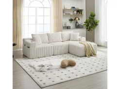 Sofá de Canto Modular 3 Lugares, de Veludo Cotelê, com Porta-copos, Almofadas e Bolsos Laterais, Chaise Longue 118cm, Bege