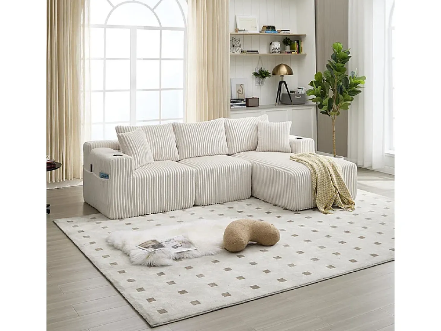 Sofá de Canto Modular 3 Lugares, de Veludo Cotelê, com Porta-copos, Almofadas e Bolsos Laterais, Chaise Longue 118cm, Bege