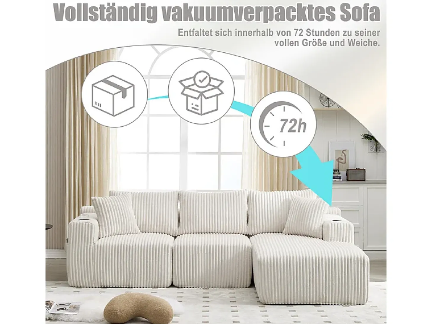 Sofá de Canto Modular 3 Lugares, de Veludo Cotelê, com Porta-copos, Almofadas e Bolsos Laterais, Chaise Longue 118cm, Bege