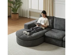 Sofá de Canto Modular 3 Lugares, com Chaise Longue Curva Reversível, 3 Almofadas e Almofadas Cervicais, Tecido Chenille, Cinza