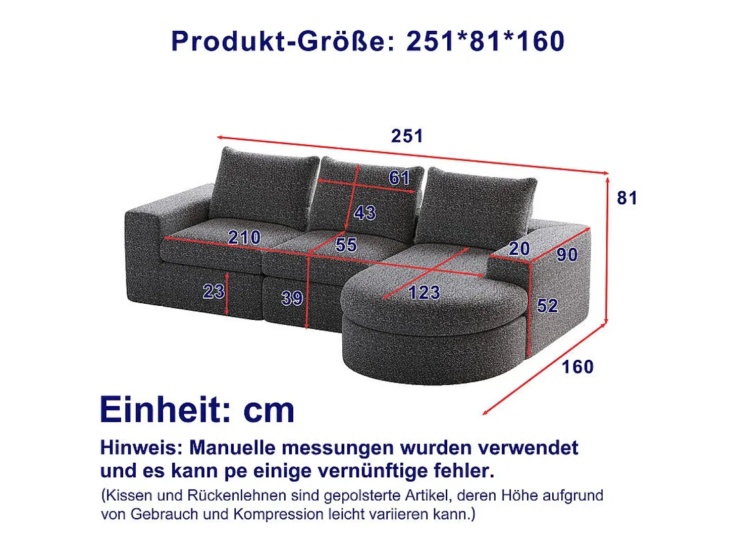 Sofá de Canto Modular 3 Lugares, com Chaise Longue Curva Reversível, 3 Almofadas e Almofadas Cervicais, Tecido Chenille, Cinza