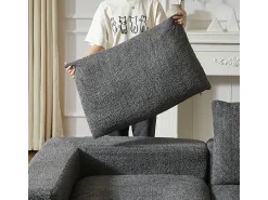 Sofá de Canto Modular 3 Lugares, com Chaise Longue Curva Reversível, 3 Almofadas e Almofadas Cervicais, Tecido Chenille, Cinza
