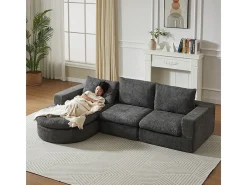 Sofá de Canto Modular 3 Lugares, com Chaise Longue Curva Reversível, 3 Almofadas e Almofadas Cervicais, Tecido Chenille, Cinza