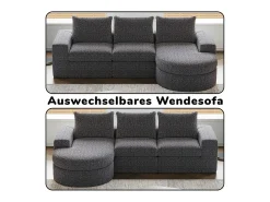 Sofá de Canto Modular 3 Lugares, com Chaise Longue Curva Reversível, 3 Almofadas e Almofadas Cervicais, Tecido Chenille, Cinza