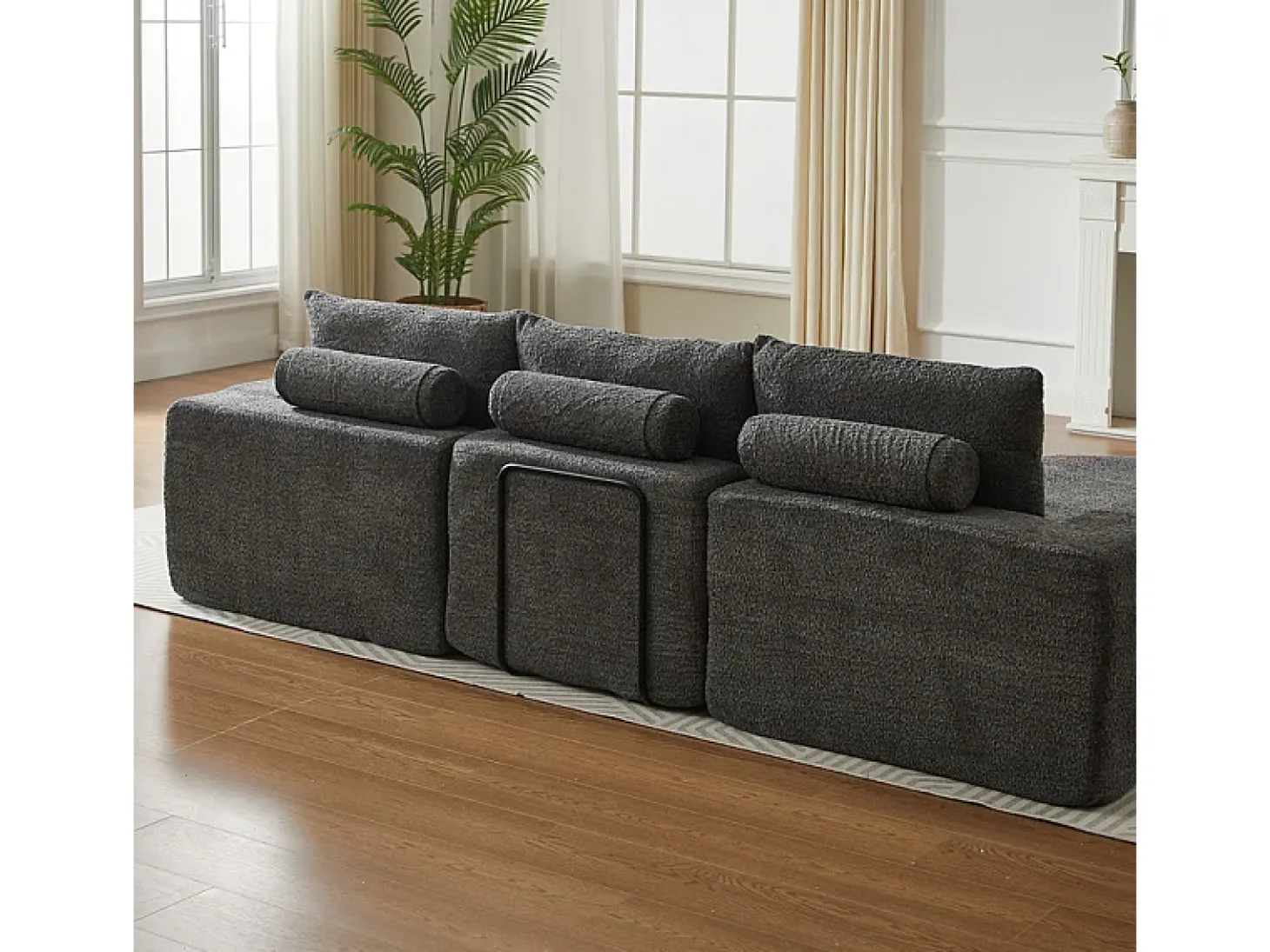 Sofá de Canto Modular 3 Lugares, com Chaise Longue Curva Reversível, 3 Almofadas e Almofadas Cervicais, Tecido Chenille, Cinza