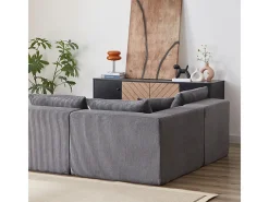 Sofá de canto modular - Veludo canelado - 3/4 lugares - 3 almofadas e 3 travesseiros - Cinzento