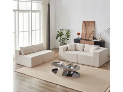 Sofá de canto modular - Veludo canelado - 3/4 lugares - 3 almofadas e 3 travesseiros - Bege