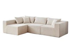 Sofá de canto modular - Veludo canelado - 3/4 lugares - 3 almofadas e 3 travesseiros - Bege