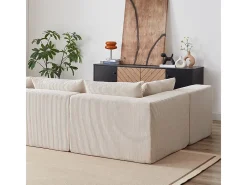 Sofá de canto modular - Veludo canelado - 3/4 lugares - 3 almofadas e 3 travesseiros - Bege
