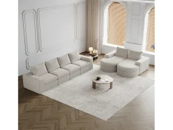 Sofá de canto modular de 6 lugares com chaise longue - Tecido chenille bege - Não necessita de montagem