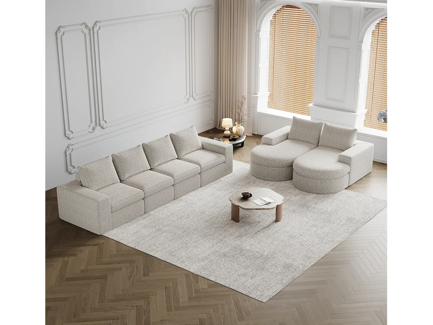 Sofá de canto modular de 6 lugares com chaise longue - Tecido chenille bege - Não necessita de montagem
