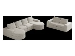 Sofá de canto modular de 6 lugares com chaise longue - Tecido chenille bege - Não necessita de montagem