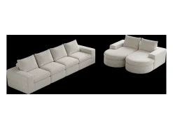 Sofá de canto modular de 6 lugares com chaise longue - Tecido chenille bege - Não necessita de montagem