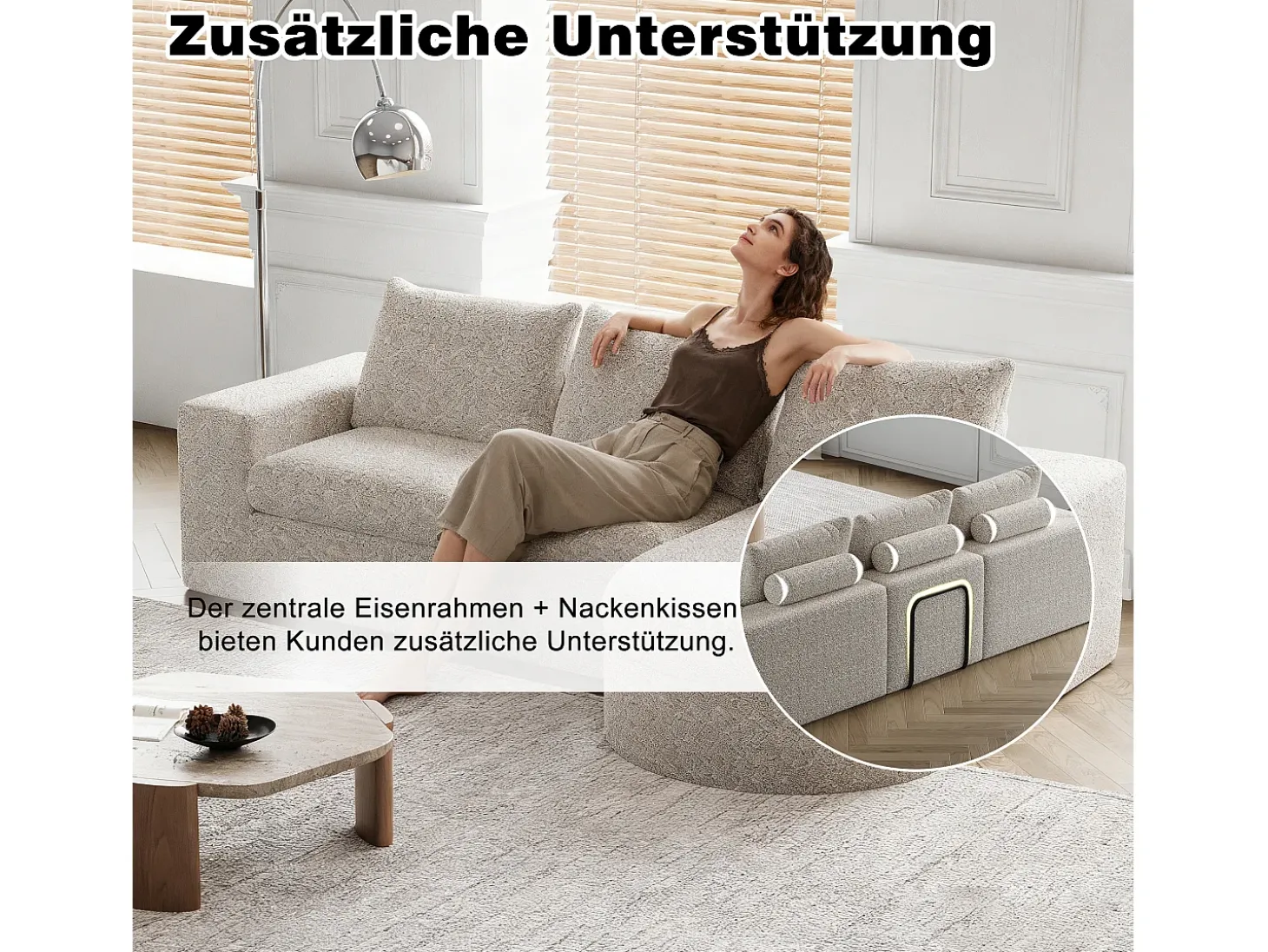 Sofá de canto modular de 6 lugares com chaise longue - Tecido chenille bege - Não necessita de montagem