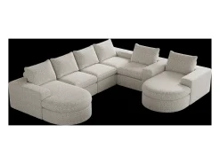 Sofá de canto modular de 6 lugares com chaise longue - Tecido chenille bege - Não necessita de montagem