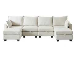 Sofá de canto modular de 6 lugares com 6 compartimentos de arrumação - Tecido chenille bege