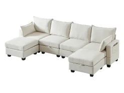 Sofá de canto modular de 6 lugares com 6 compartimentos de arrumação - Tecido chenille bege