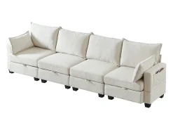 Sofá de canto modular de 6 lugares com 6 compartimentos de arrumação - Tecido chenille bege