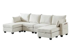 Sofá de canto modular de 6 lugares com 6 compartimentos de arrumação - Tecido chenille bege
