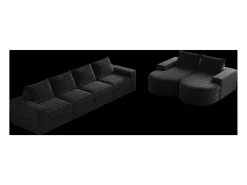 Sofá de canto modular de 6 lugares com chaise longue - Tecido chenille preto - Não necessita de montagem