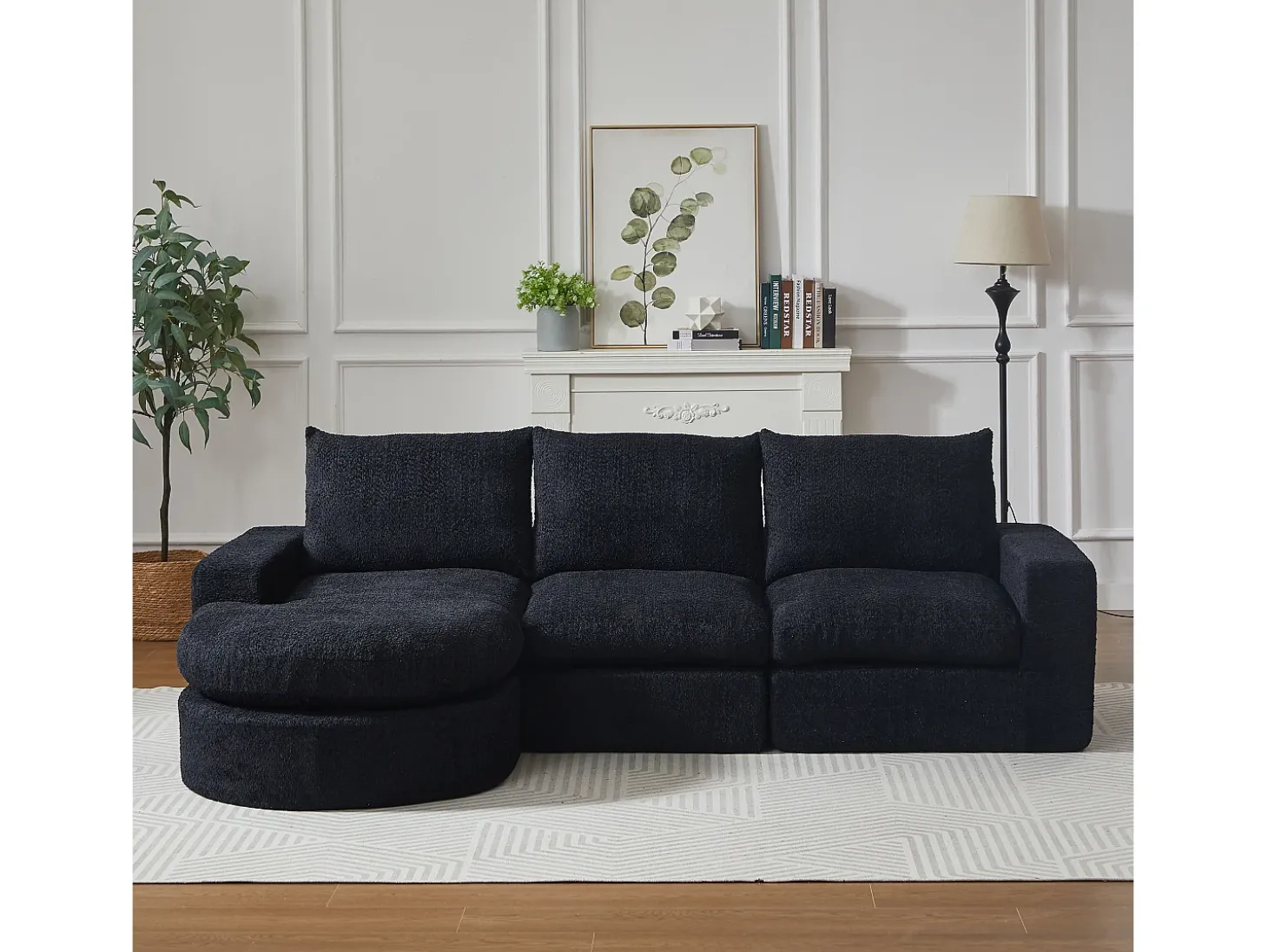 Sofá de canto modular de 6 lugares com chaise longue - Tecido chenille preto - Não necessita de montagem