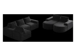 Sofá de canto modular de 6 lugares com chaise longue - Tecido chenille preto - Não necessita de montagem