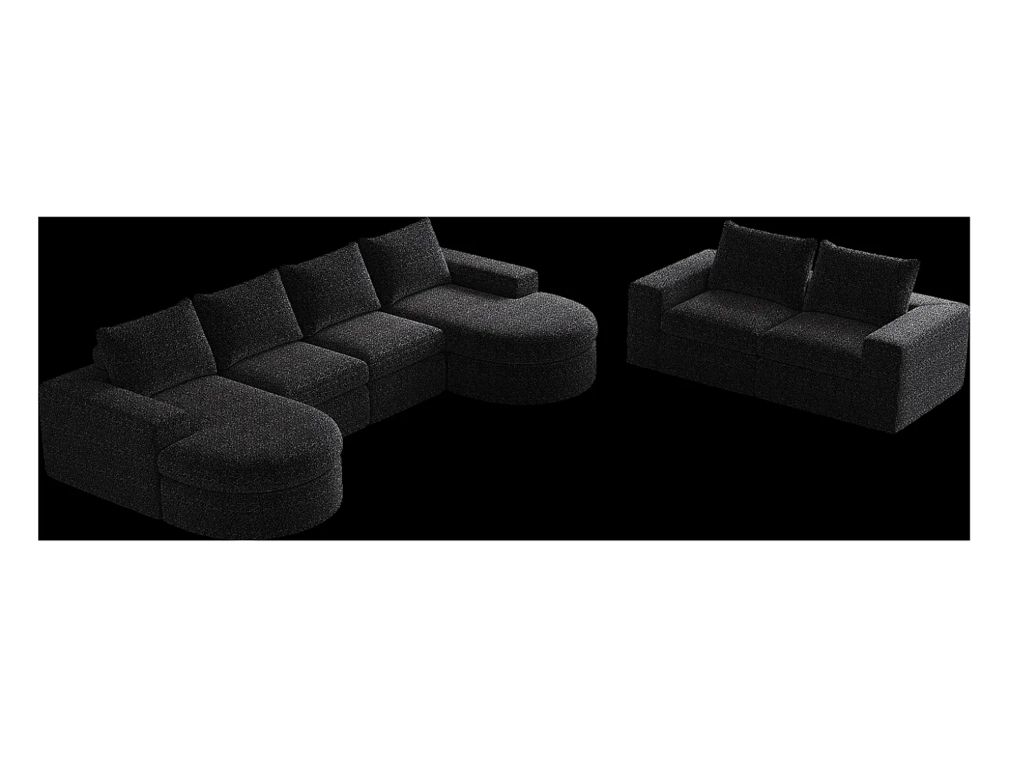 Sofá de canto modular de 6 lugares com chaise longue - Tecido chenille preto - Não necessita de montagem