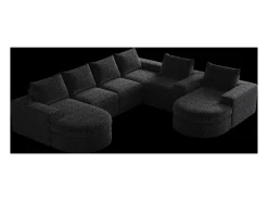Sofá de canto modular de 6 lugares com chaise longue - Tecido chenille preto - Não necessita de montagem