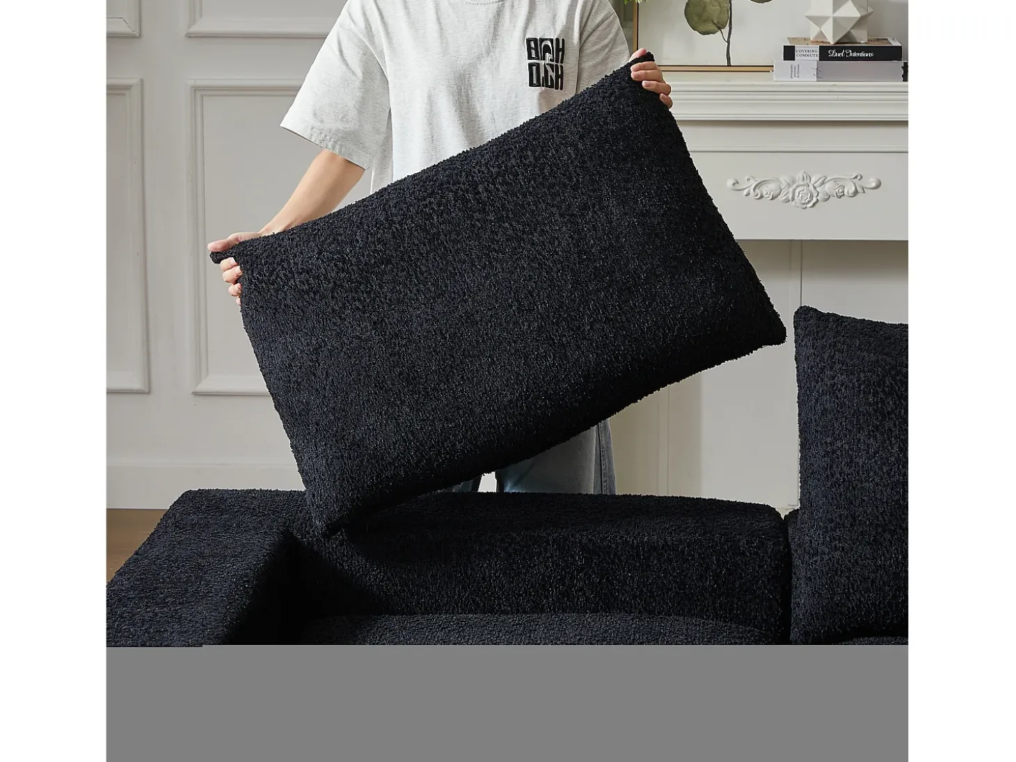 Sofá de canto modular de 6 lugares com chaise longue - Tecido chenille preto - Não necessita de montagem