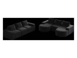 Sofá de canto modular de 6 lugares com chaise longue - Tecido chenille preto - Não necessita de montagem