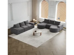 Sofá de canto modular de 6 lugares com chaise longue - Tecido chenille cinzento - Não necessita de montagem